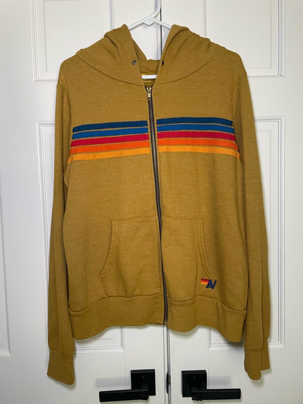 Aviator Nation 5 Striped Hoodie Sz L Mustard Yellow Full Zip Pockets Jacket - Picture 10 of 10